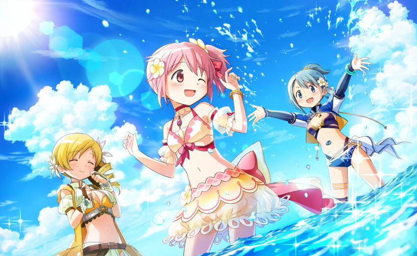 3girls, ^_^, arm_warmers, artist_request, back_bow, bare_shoulders, belt, belt_buckle