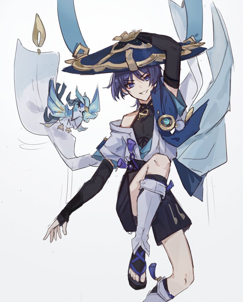 1boy, anemo_symbol_(genshin_impact), arm_at_side, arm_up, armor, black_bodysuit, black_bridal_gauntlets, black_leggings