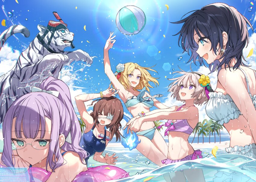 5girls, ahoge, animal, aoi_erika, aoi_erika_(lightful_mermaid_vacation), bikini, black_hair, blonde_hair