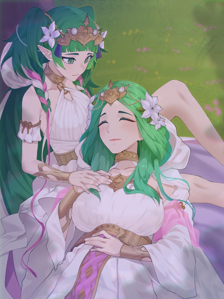 2girls, baybell, braid, breasts, closed_eyes, closed_mouth, dress, fire_emblem, fire_emblem:_three_houses, fire_emblem_heroes, flower, green_eyes, green_hair, hair_flower, hair_ornament, hair_ribbon, headpiece, highres, jewelry, large_breasts, long_hair, mother_and_child, mother_and_daughter, multiple_girls, nintendo, official_alternate_costume, parent_and_child, pointy_ears, rhea_(aura_of_love)_(fire_emblem), rhea_(fire_emblem), ribbon, ribbon_braid, shawl, smile, sothis_(aura_of_love)_(fire_emblem), sothis_(fire_emblem), two_side_up, very_long_hair, white_dress, white_shawl
