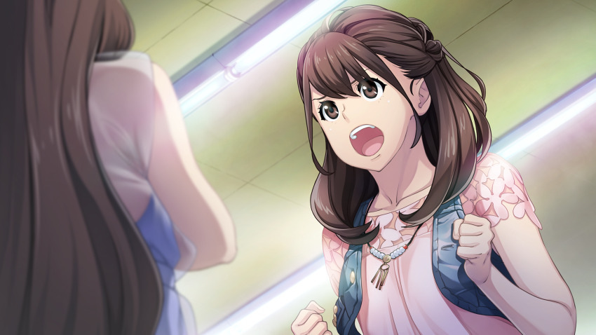 2girls, angry, blue_vest, braid, breasts, brown_eyes, brown_hair, clenched_hands