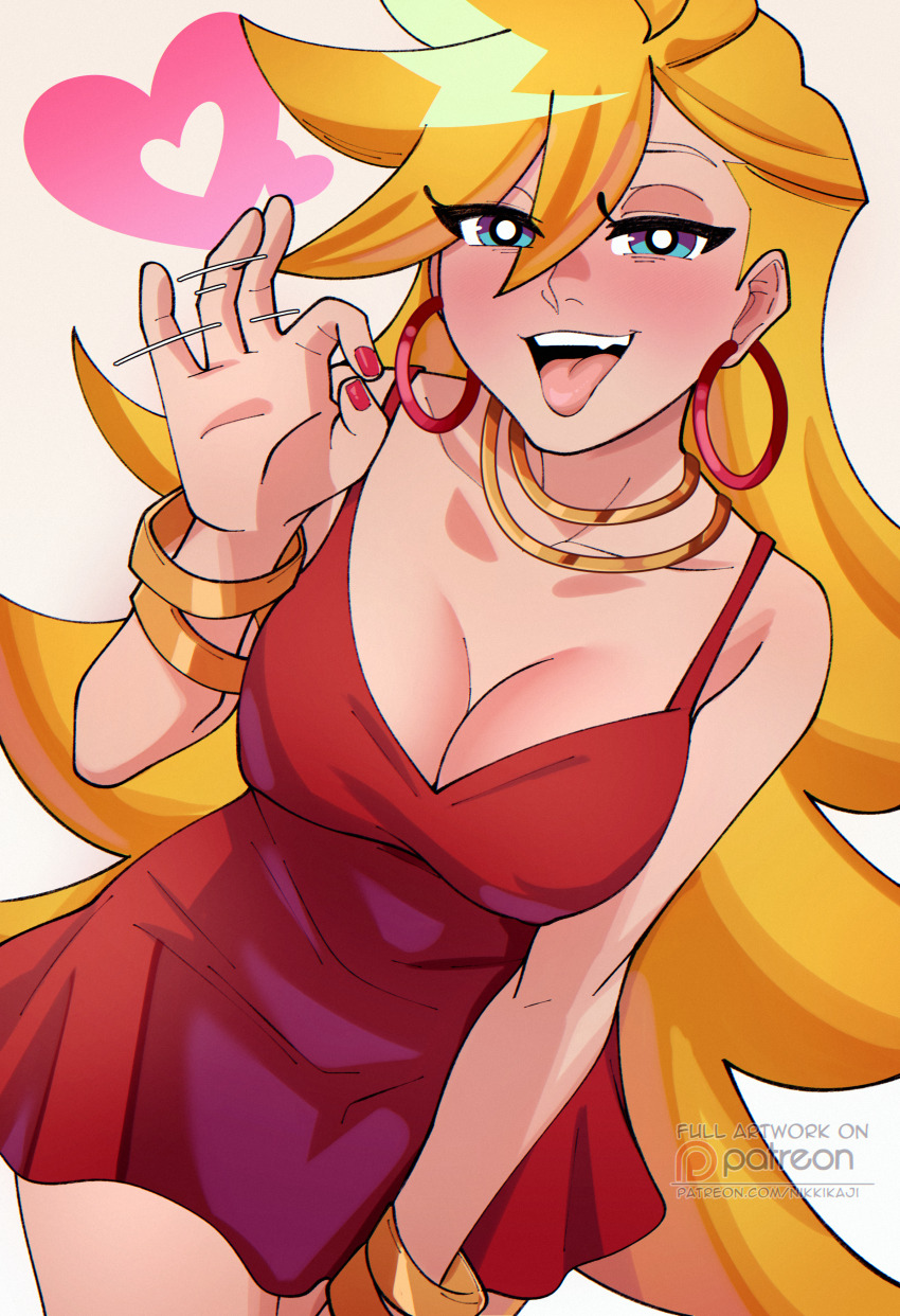 1girl, absurdres, alternate_breast_size_(smaller), blonde_hair, blue_eyes, breasts, cleavage, dress, earrings, fellatio_gesture, heart, highres, jewelry, large_breasts, long_hair, nikkikaji, panty_&amp;_stocking_with_garterbelt, panty_(psg), patreon_logo, patreon_username, red_dress, red_nails, sleeveless, sleeveless_dress, solo, tongue, tongue_out, very_long_hair, white_background