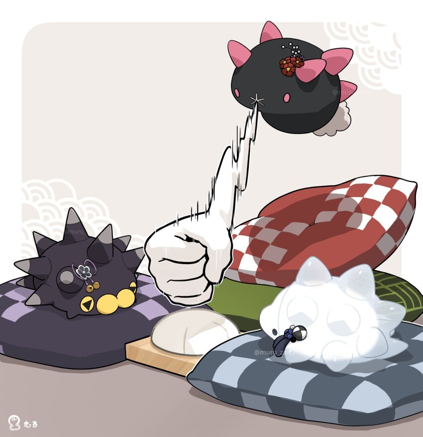 artist_name, bell, black_eyes, black_flower, blue_flower, clenched_hand, colored_sclera, commentary