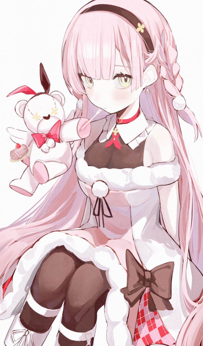 1girl, arcaea, bare_shoulders, black_bow, black_hairband, black_pantyhose, blunt_bangs, blush, bow, braid, breasts, calflet, chewing, choker, closed_mouth, commentary_request, dress, dress_bow, feet_out_of_frame, fork, hair_ornament, hairband, heart, heart_choker, highres, invisible_chair, kou_(arcaea), kou_(winter)_(arcaea), long_hair, looking_at_viewer, medium_breasts, off-shoulder_dress, off_shoulder, pantyhose, pink_dress, pink_hair, pom_pom_(clothes), pom_pom_hair_ornament, red_choker, see-through_cleavage, see-through_clothes, side_braid, simple_background, sitting, solo, stuffed_animal, stuffed_toy, teddy_bear, tsuchi_(sh_spica1), two-tone_dress, very_long_hair, white_background, white_dress, yellow_eyes
