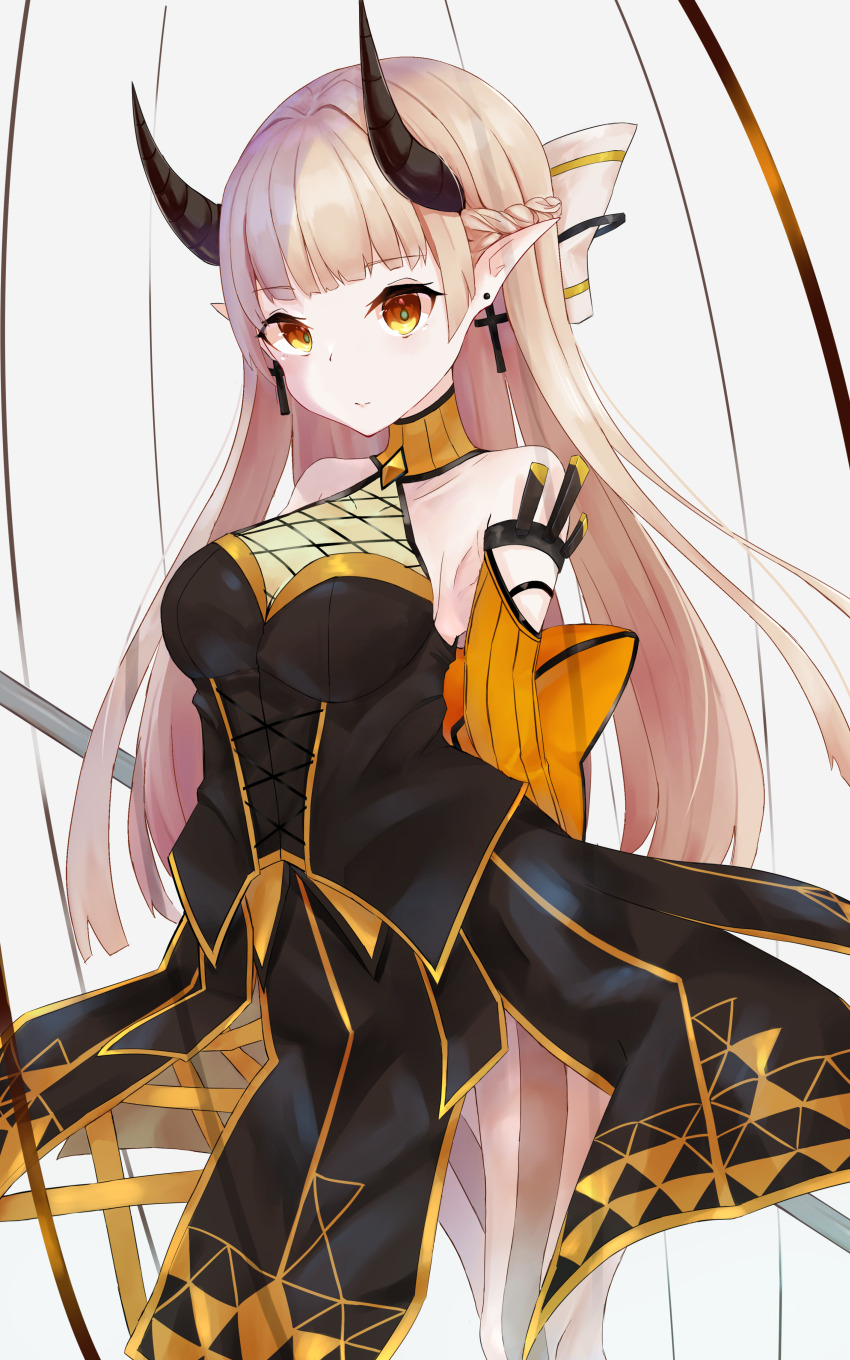 1girl, absurdres, arcaea, arms_at_sides, back_bow, bare_shoulders, blonde_hair, bodice