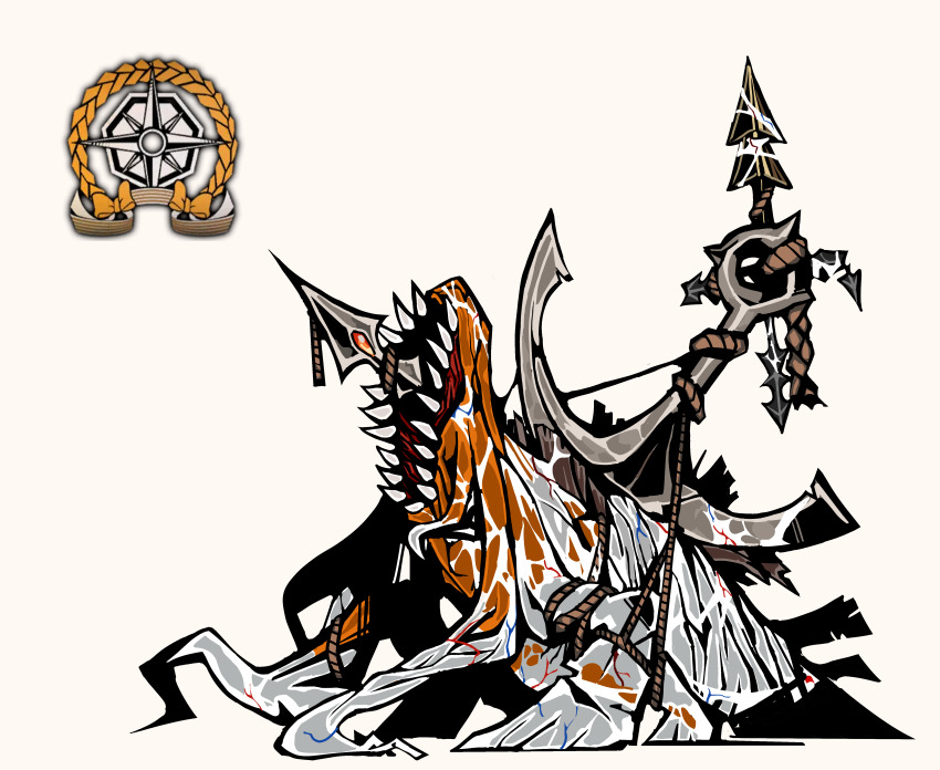 1girl, absurdres, anchor, bound, commentary_request, compass, distortion, harpoon