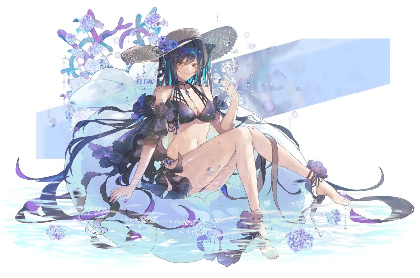 1girl, aqua_hair, bare_shoulders, bikini, black_hair, blush, breasts, choker