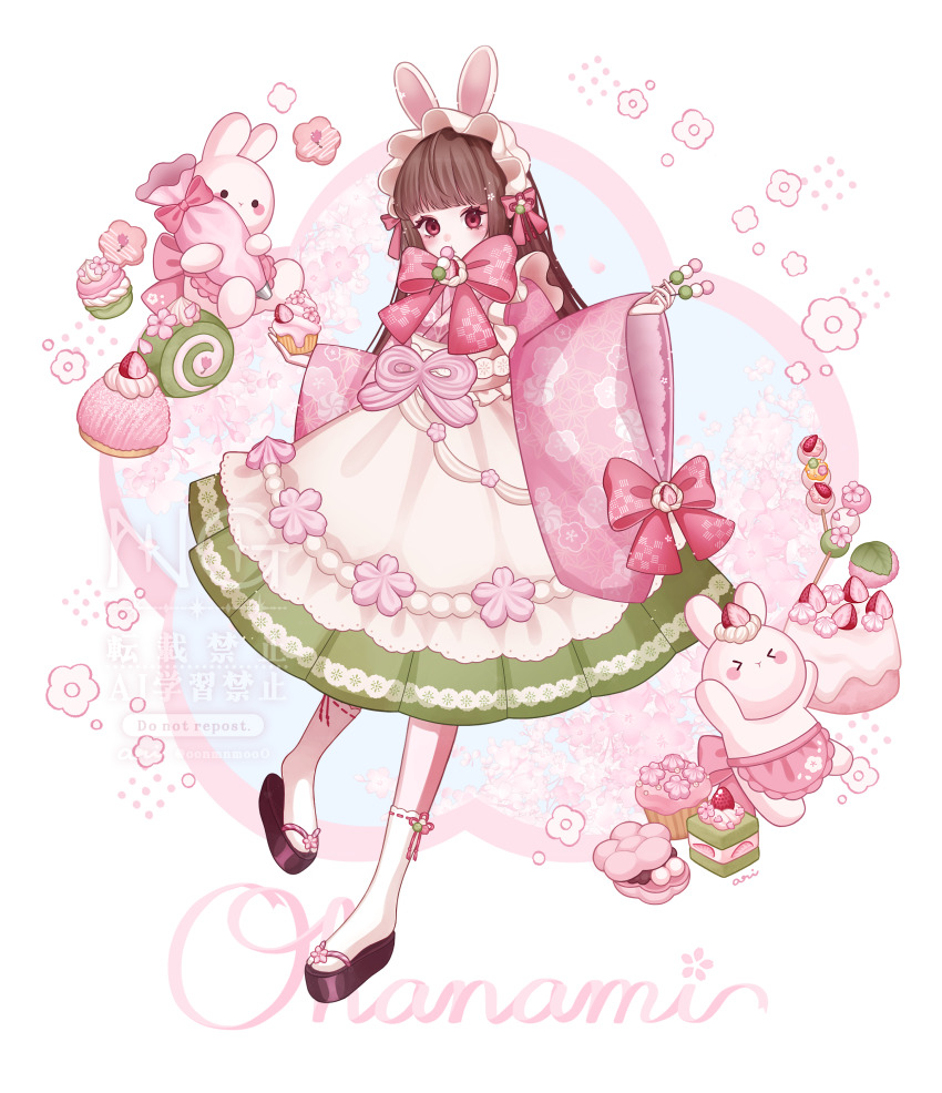 1girl, absurdres, animal_ears, ari_(oonmnmooo), black_shoes, blunt_bangs, bow, brown_hair