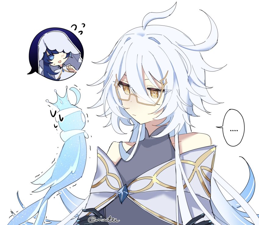 ..., 2girls, ahoge, antenna_hair, bare_shoulders, bird, black_skin, blue_eyes