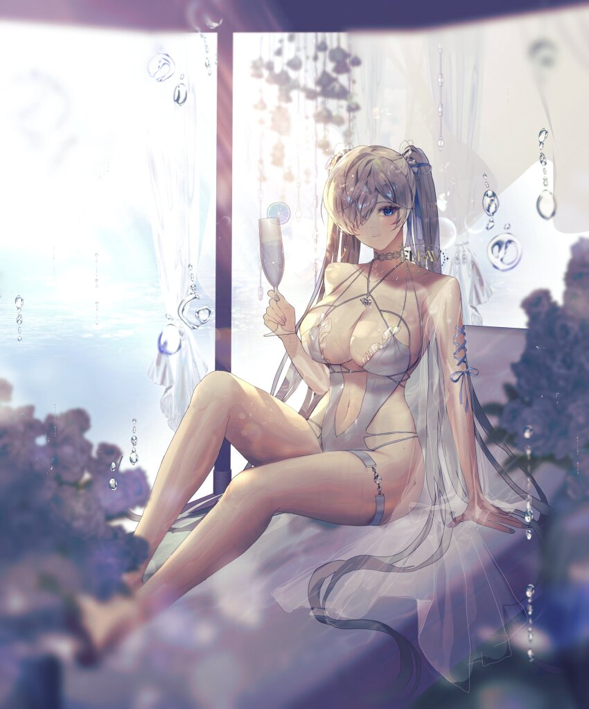 1girl, absurdres, bare_shoulders, blue_eyes, blush, breasts, choker, cinderella_(nikke)