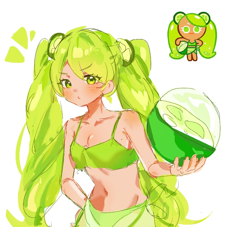 1girl, ball, beachball, bikini, breasts, cookie_run, cookie_run:_ovenbreak, green_bikini, green_eyes, green_hair, hair_ornament, humanization, lime_cookie, long_hair, looking_at_viewer, myang_(user_hgcn3234), simple_background, solo, swimsuit, twintails, very_long_hair, white_background