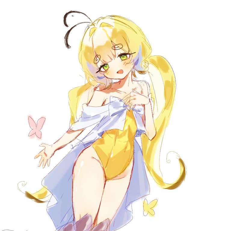 1girl, antenna_hair, armored_boots, bare_shoulders, blonde_hair, boots, colored_skin, cookie_run, cookie_run:_kingdom, floating_hair, humanization, layered_clothes, leotard, long_hair, myang_(user_hgcn3234), sugarfly_cookie, very_long_hair, wings, yellow_leotard, yellow_skin