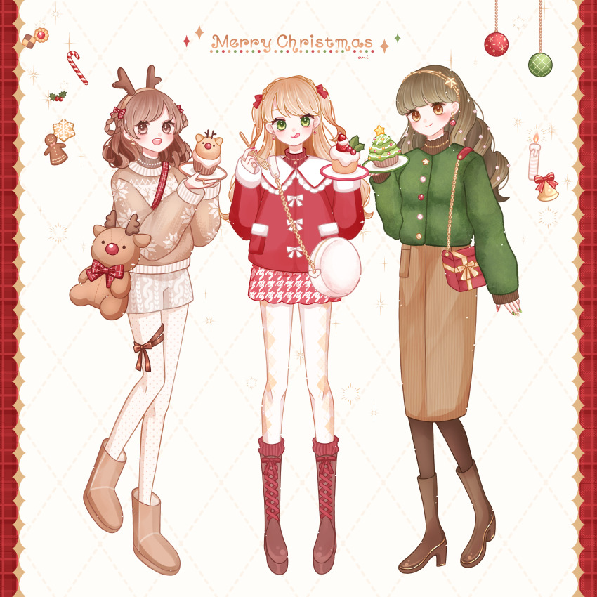 3girls, :d, :q, absurdres, ari_(oonmnmooo), bag, bell, blonde_hair