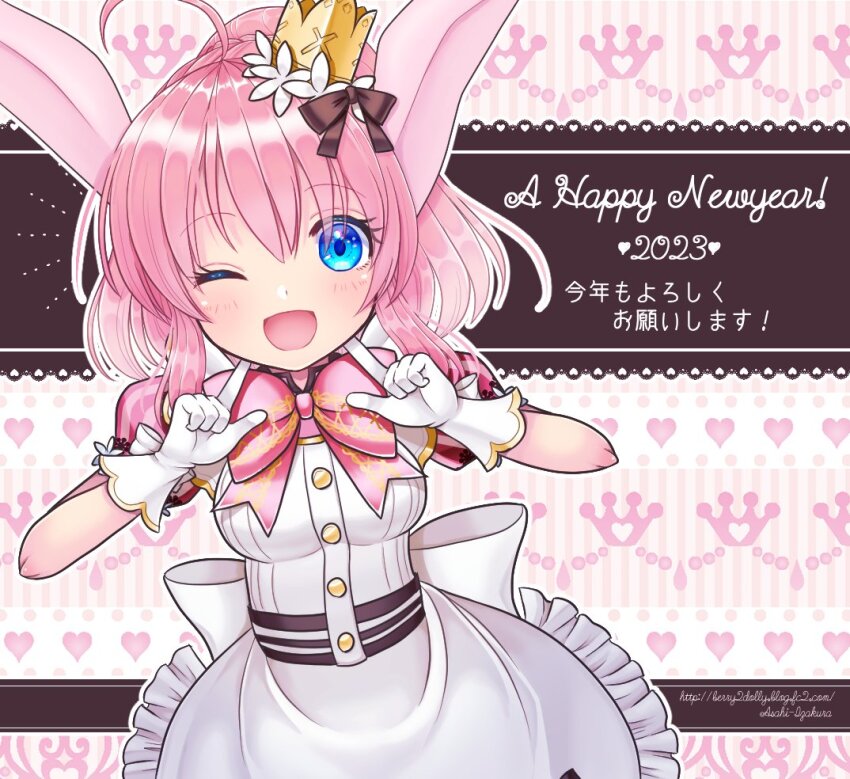 1girl, 2023, ahoge, animal_ears, apron, blue_eyes, brown_ribbon, ciel0420, crown, dress, emil_chronicle_online, finger_to_cheek, gloves, hair_ribbon, happy_new_year, minnie_doe_alma, neck_ribbon, new_year, one_eye_closed, open_mouth, pink_dress, pink_hair, pink_ribbon, ponytail, rabbit_ears, rabbit_girl, ribbon, smile, watermark, web_address, white_apron, white_gloves