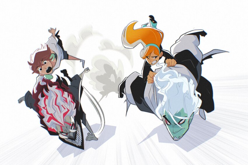 2boys, 2girls, aqua_skin, ayase_momo, black_shirt, brown_hair, clenched_teeth, closed_mouth