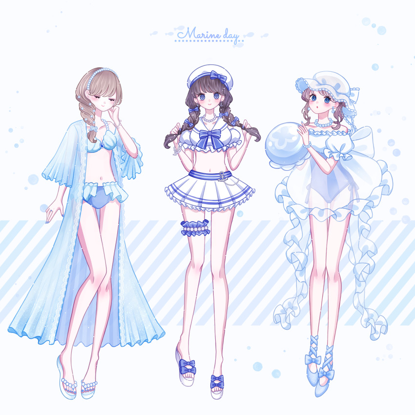 3girls, :o, absurdres, anchor, ari_(oonmnmooo), beret, bikini, black_hair