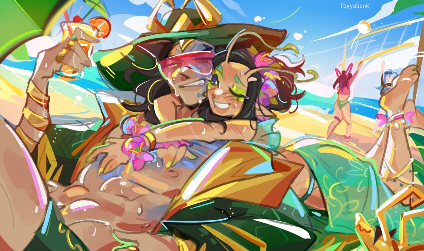 1boy, 3girls, abs, absurdres, alien, alternate_costume, animification, antennae, ass, bikini, black_hair, blush, closed_mouth, fayyabonk, green_eyes, guardians_of_the_galaxy, hat, hetero, highres, hug, loki_(marvel), loki_(robe_of_relaxation)_(marvel), long_hair, luna_snow, luna_snow_(cool_summer), mantis_(marvel), marvel, marvel_rivals, medium_hair, multiple_girls, naughty_face, nervous_sweating, official_alternate_costume, one-piece_swimsuit, psylocke, psylocke_(breezy_butterfly), shiny_skin, short_hair, smile, sweat, swimsuit, x-men