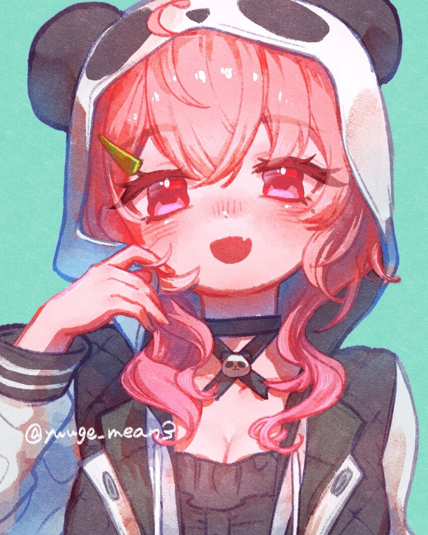 1girl, :d, ahoge, animal_hood, aqua_background, arm_at_side, artist_name, black_choker