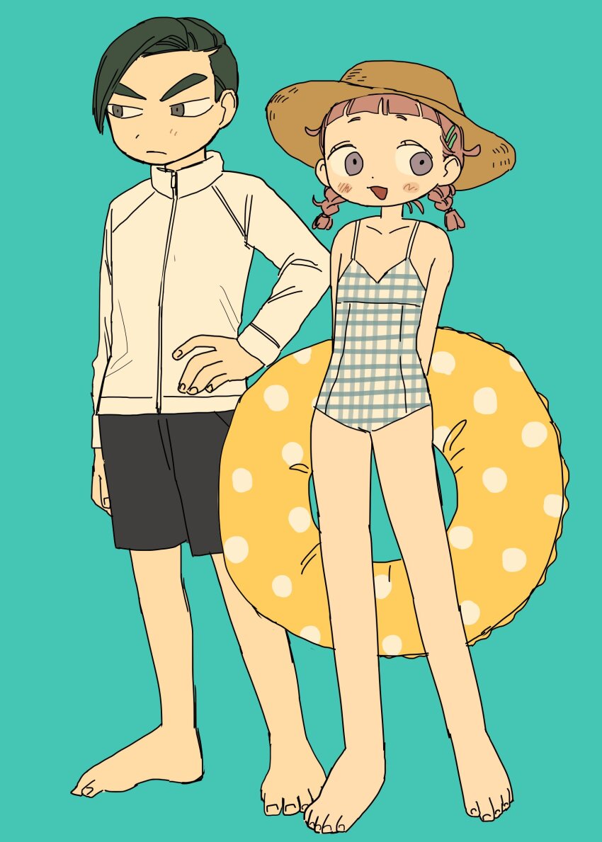 1boy, 1girl, :d, absurdres, aoba_(ikuta_semi), aqua_background, blunt_bangs, braid