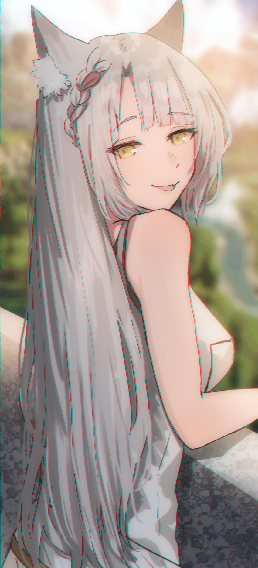 1girl, absurdres, animal_ear_fluff, animal_ears, asymmetrical_bangs, blurry, blurry_background, cat_ears