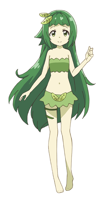 1girl, abe_tomoyuki, bandeau, bare_shoulders, barefoot, blunt_bangs, clenched_hand, closed_mouth, fairy, feri_(beheneko), full_body, green_bandeau, green_eyes, green_hair, hair_ornament, ivy, leaf, leaf_ornament, long_hair, looking_at_viewer, mini_person, minigirl, miniskirt, navel, official_art, s-rank_monster_no_"behemoth"_dakedo_neko_to_machigawarete_elf_musume_no_pet_toshite_kurashitemasu, simple_background, skirt, smile, solo, standing, tareme, thighs, transparent_background, very_long_hair