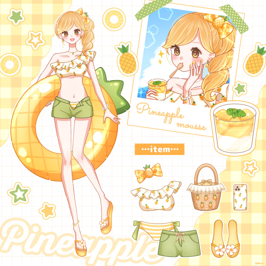 1girl, absurdres, ari_(oonmnmooo), artist_name, basket, bikini, blue_sky, blush