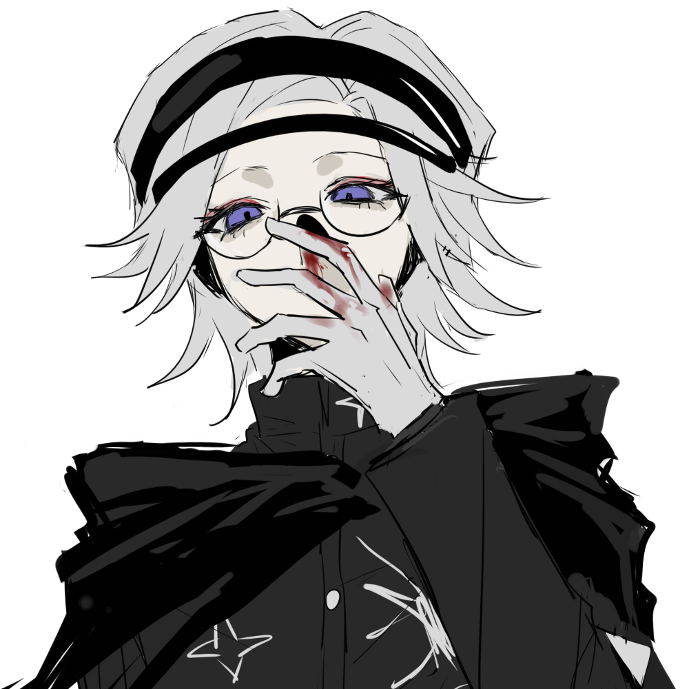 1boy, aotsuki_eito, black_cape, black_jacket, blood, blood_on_clothes, blood_on_face, blue_eyes, cape, chinese_commentary, commentary_request, glasses, gloves, grey_gloves, grey_hair, jacket, last_defense_academy_school_uniform, long_sleeves, longoephemino, male_focus, round_eyewear, school_uniform, semi-rimless_eyewear, short_hair, simple_background, sketch, solo, the_hundred_line_-last_defense_academy-, upper_body, white_background
