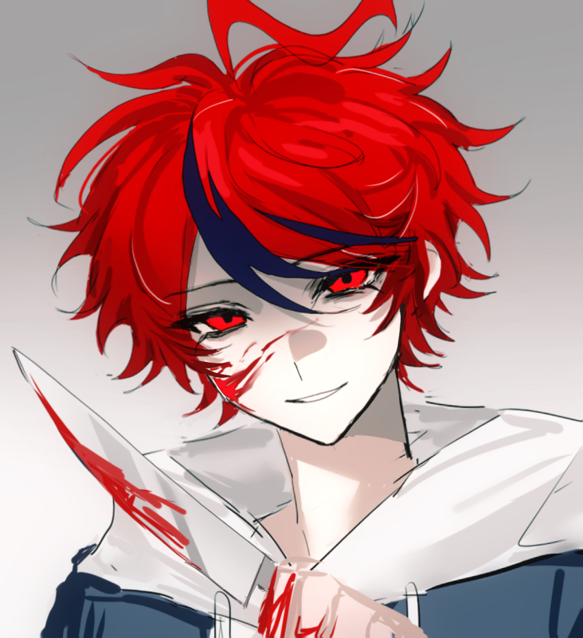 1boy, blood, blood_on_face, blood_on_hands, bloody_weapon, blue_hair, blue_jacket, chinese_commentary