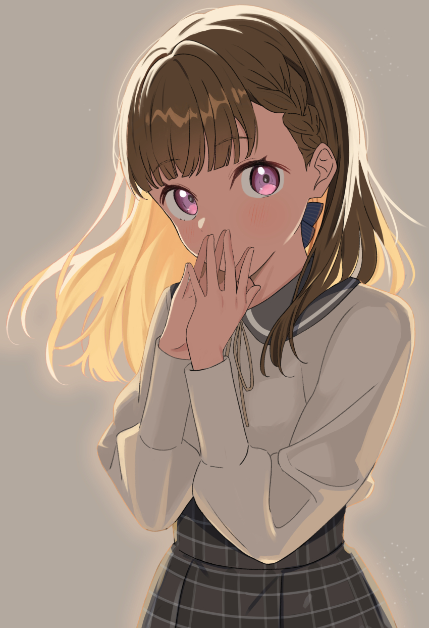 1girl, blunt_bangs, braid, brown_hair, brown_shirt, center-flap_bangs, commentary_request, grey_background