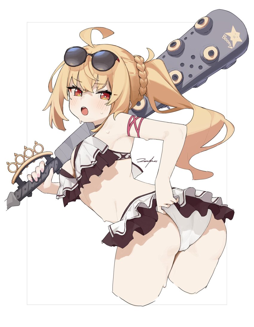 1girl, ahoge, bikini, blonde_hair, club_(weapon), eyewear_on_head, frills, highres, loah_66, looking_at_viewer, looking_back, luciana_de_montefio, open_mouth, orange_eyes, solo, sunglasses, sweat, sweatdrop, swimsuit, weapon, white_bikini, zenless_zone_zero