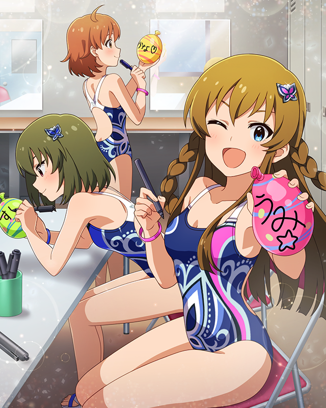 3girls, ;d, ahoge, balloon, blue_eyes, blush, bracelet, braid, breasts, brown_hair, butterfly_hair_ornament, chair, character_name, commentary_request, competition_swimsuit, folding_chair, game_cg, green_hair, hair_ornament, holding, holding_balloon, holding_pen, idolmaster, idolmaster_million_live!, idolmaster_million_live!_theater_days, indoors, jewelry, kousaka_umi, leaning_forward, locker, locker_room, long_hair, looking_at_viewer, marker, mirror, multiple_girls, nagayoshi_subaru, official_art, on_chair, one-piece_swimsuit, one_eye_closed, open_mouth, orange_hair, pen, short_hair, sitting, smile, standing, swimsuit, table, third-party_source, twin_braids, wave_makers!_(idolmaster), writing, yabuki_kana