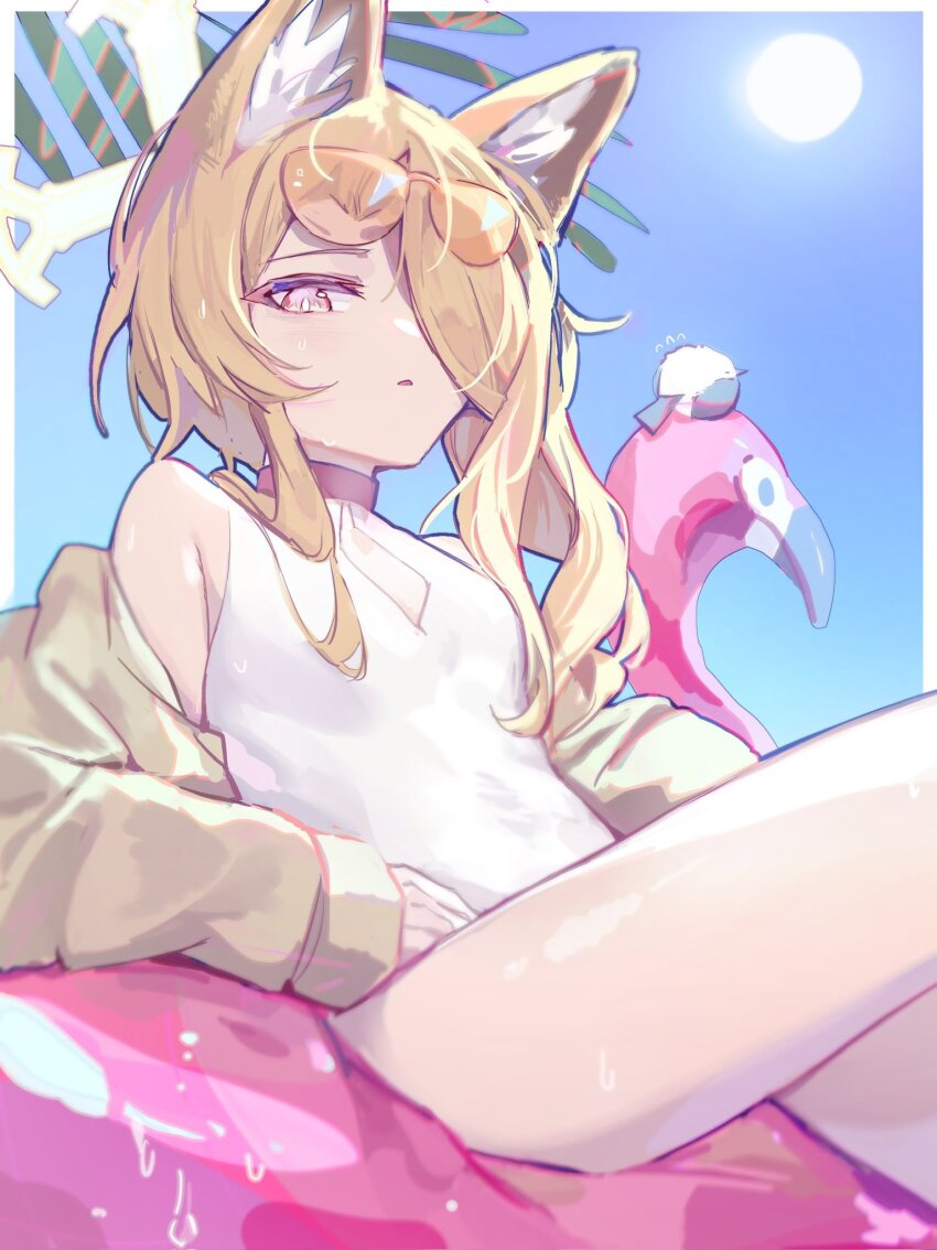 1girl, animal_ear_fluff, animal_ears, blue_archive, blue_sky, cross_halo, flamingo_raft, flat_chest, fox_ears, fox_girl, hair_over_one_eye, halo, highres, loli, looking_at_viewer, off_shoulder, official_alternate_costume, one-piece_swimsuit, one_eye_covered, open_mouth, seia_(blue_archive), seia_(swimsuit)_(blue_archive), side_ponytail, sky, solo, sun, sunglasses, swim_ring, swimsuit, thighs, tinted_eyewear, wet, white_one-piece_swimsuit, yellow_halo, zingk_cm