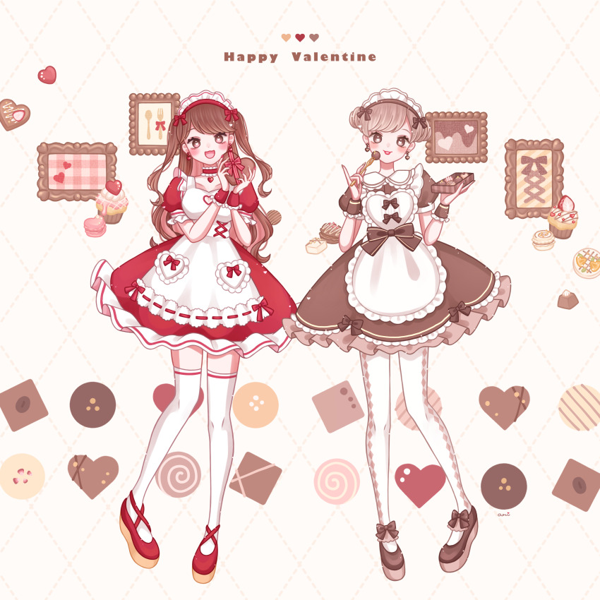 2girls, :3, absurdres, apron, ari_(oonmnmooo), artist_name, box, brown_dress, brown_eyes, brown_hair, brown_shoes, candy, chocolate, chocolate_heart, choker, collarbone, commentary_request, cupcake, dress, fashion, food, fork, frilled_choker, frills, full_body, happy_valentine, heart, heart-shaped_food, heart-shaped_pupils, heart_choker, highres, holding, holding_box, holding_chocolate, holding_food, maid, maid_headdress, multiple_girls, original, paid_reward_available, painting_(object), pantyhose, puffy_short_sleeves, puffy_sleeves, red_choker, red_dress, red_shoes, shoes, short_sleeves, spoon, standing, sweets, symbol-shaped_pupils, thighhighs, two_side_up, valentine, white_apron, white_pantyhose, white_thighhighs