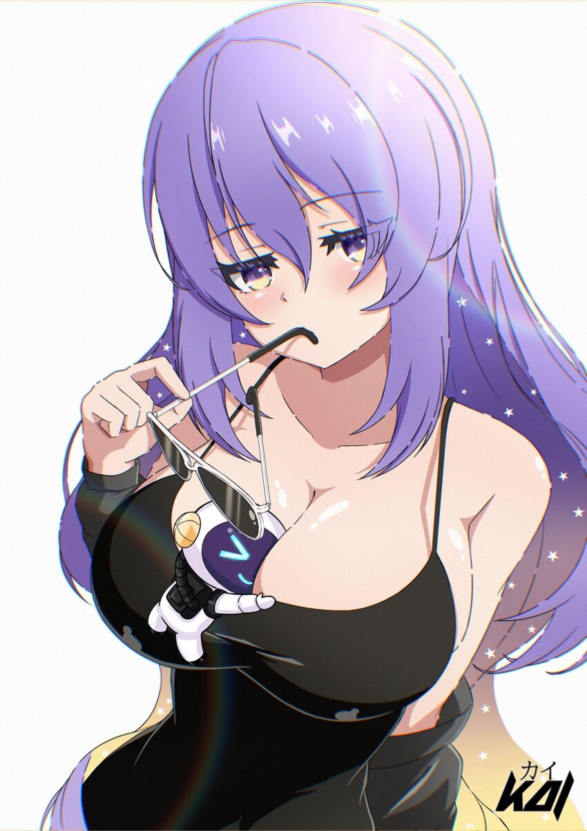 1girl, 1other, alternate_costume, artist_logo, bare_shoulders, black_dress, black_sleeves, blonde_hair, breasts, cleavage, collarbone, commentary, detached_sleeves, dress, english_commentary, eyes_visible_through_hair, gradient_hair, hair_between_eyes, hand_up, highres, hololive, hololive_indonesia, kaiyen, large_breasts, lens_flare, logo, long_hair, long_sleeves, looking_at_viewer, moona_hoshinova, moonabito_(moona_hoshinova), multicolored_eyes, multicolored_hair, object_to_mouth, purple_eyes, purple_hair, shiny_skin, solo_focus, spacesuit, spaghetti_strap, star_(symbol), starry_hair, sunglasses, tight_clothes, tight_dress, two-tone_eyes, two-tone_hair, unworn_eyewear, very_long_hair, virtual_youtuber, yellow_eyes