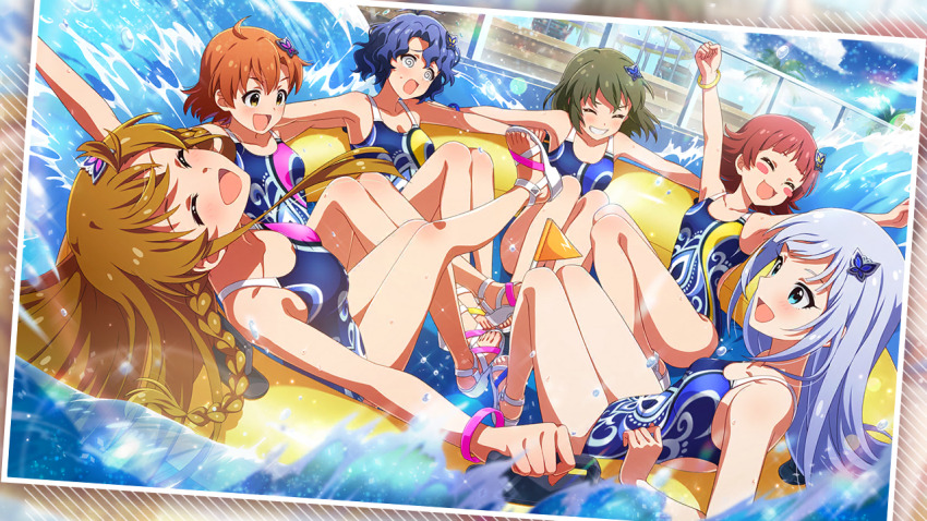 6+girls, @_@, arms_up, blue_eyes, blue_hair, bracelet, braid, brown_hair