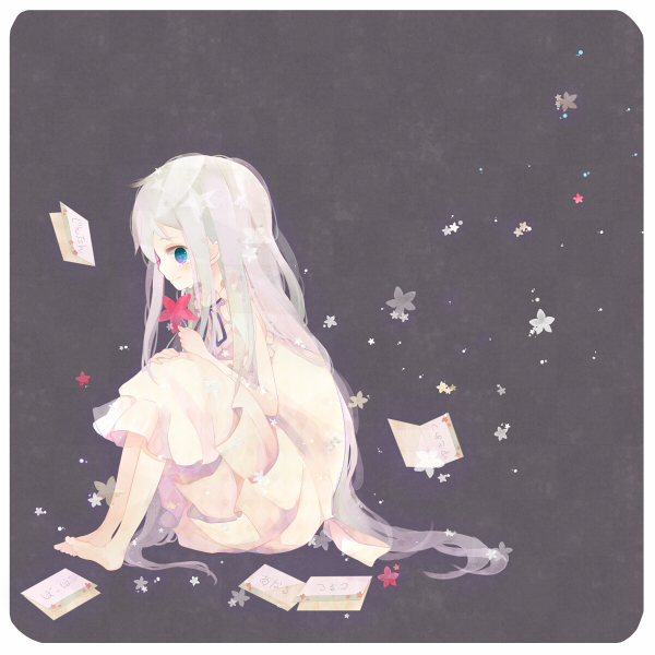 10s, 1girl, ano_hi_mita_hana_no_namae_wo_bokutachi_wa_mada_shiranai., barefoot, blue_eyes, blush, border, dress