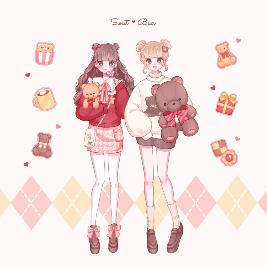 2girls, :d, absurdres, ari_(oonmnmooo), bag, blonde_hair, blush, bow