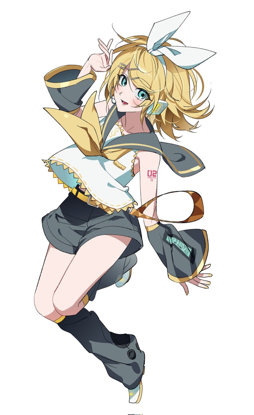 1girl, aqua_eyes, arm_tattoo, bare_shoulders, belt, black_sailor_collar, black_shorts, black_sleeves