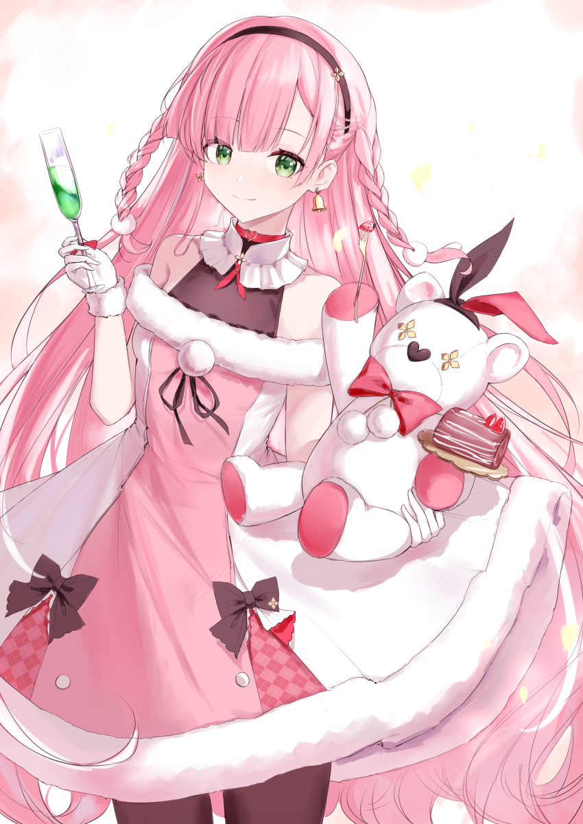 1girl, absurdres, alcohol, arcaea, bare_shoulders, bell, bell_earrings, black_bow