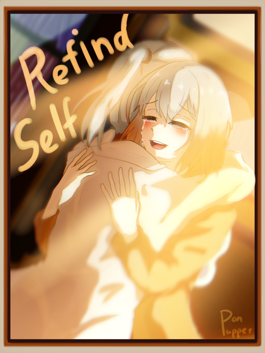 2girls, absurdres, dark_skin, highres, hug, kusonoki_(refind_self), multicolored_hair, multiple_girls, pon_puppet, ponytail, refind_self:_the_personality_test_game, robot, tears, utsuwa_(refind_self), white_hair, yuri