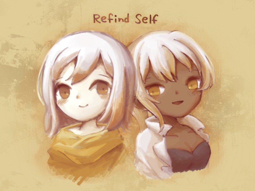 2girls, breasts, cleavage, dark_skin, kusonoki_(refind_self), multicolored_hair, multiple_girls, orange_eyes