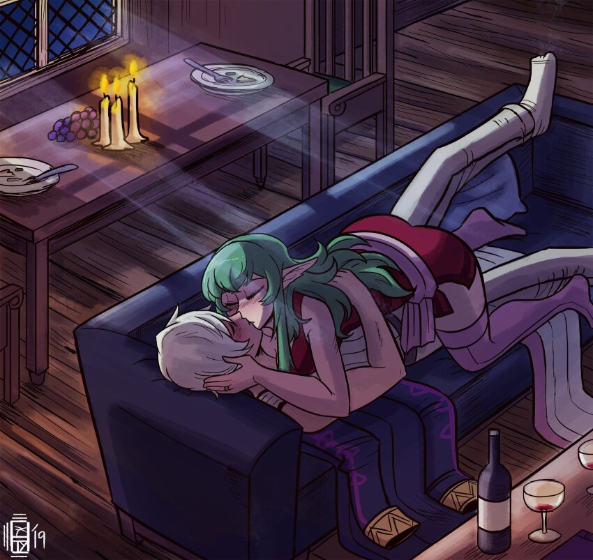 1boy, 1girl, absurdres, alternate_hairstyle, candle, chair, closed_eyes, commentary