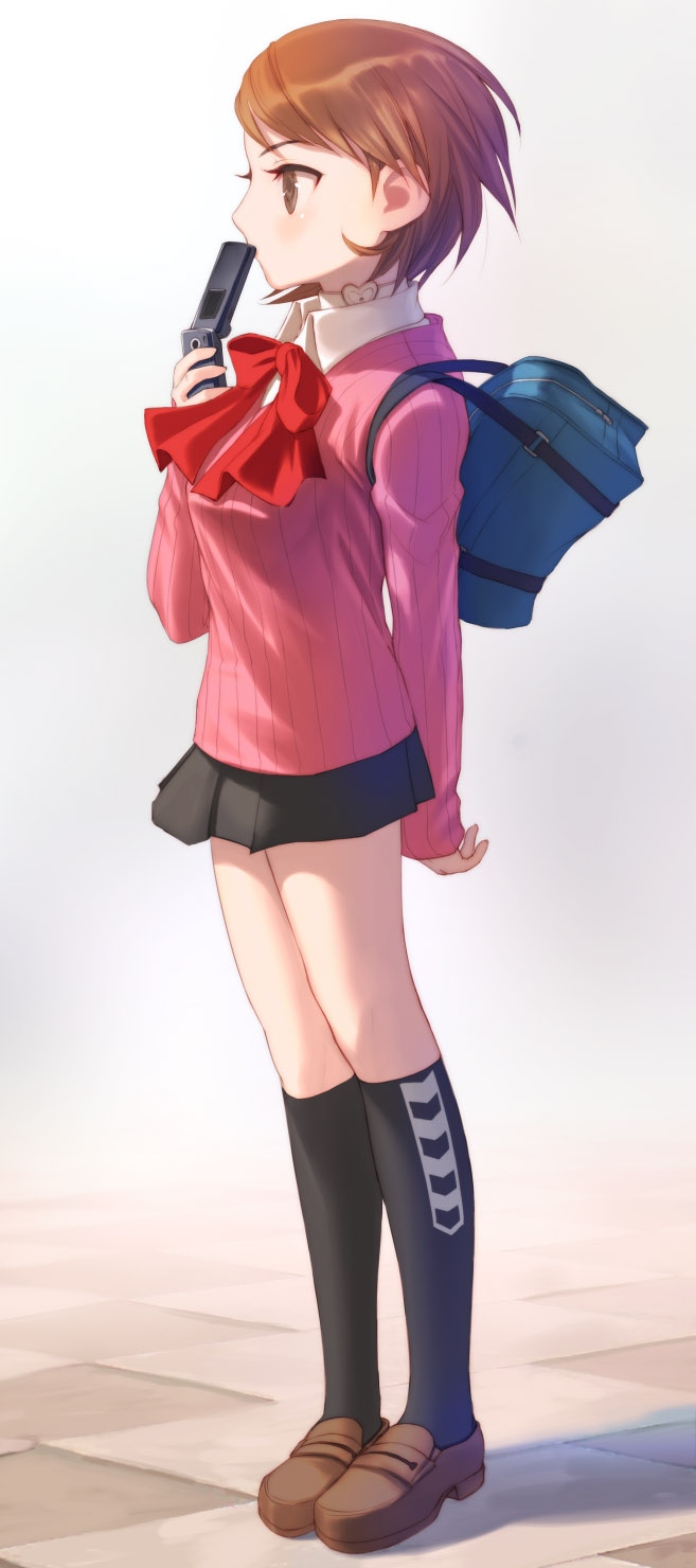 1girl, atlus, bag, black_socks, brown_eyes, brown_hair, cardigan, cellphone