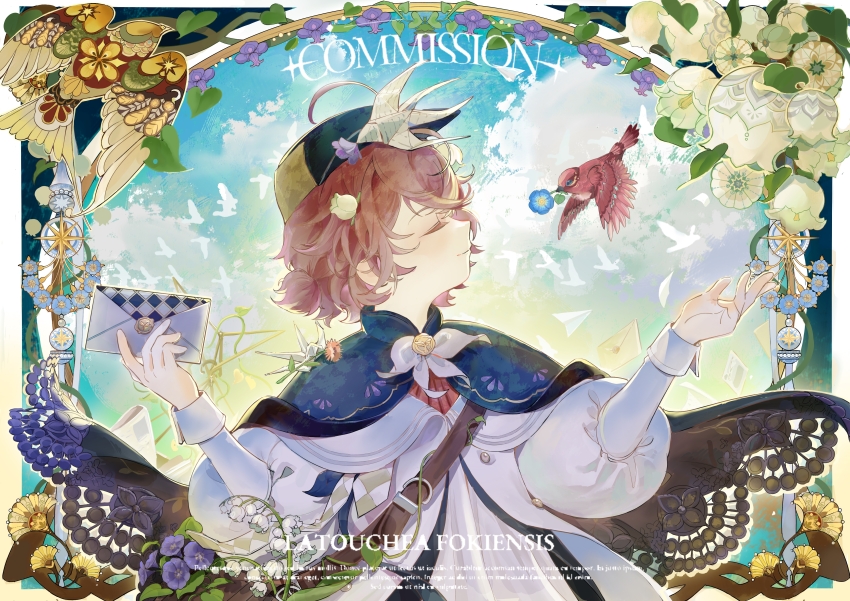 1girl, absurdres, bag, bird, bird_hair_ornament, black_cape, black_hat, blue_flower