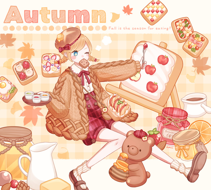 1girl, apple, aqua_eyes, ari_(oonmnmooo), artist_name, autumn, bag, bear
