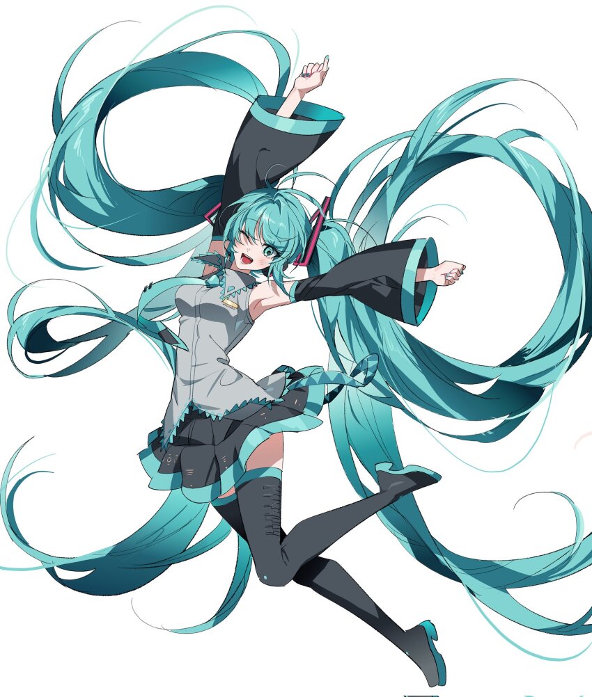 1girl, ;d, absurdly_long_hair, aqua_eyes, aqua_hair, aqua_nails, aqua_necktie, aqua_trim, armpits, arms_up, bare_shoulders, black_boots, black_skirt, black_sleeves, blush, boots, breast_pocket, breasts, collared_shirt, corrupted_twitter_file, detached_sleeves, floating, floating_hair, frilled_shirt, frills, full_body, grey_shirt, hair_ornament, hashtag-only_commentary, hatsune_miku, headset, highres, long_hair, long_sleeves, looking_at_viewer, malga_(milky721), medium_breasts, miniskirt, nail_polish, necktie, one_eye_closed, open_mouth, piano_print, pleated_skirt, pocket, shirt, sidelocks, simple_background, skirt, sleeveless, sleeveless_shirt, smile, solo, teeth, thigh_boots, thighhighs, tie_clip, tongue, twintails, untucked_shirt, very_long_hair, vocaloid, white_background, wide_sleeves, zettai_ryouiki