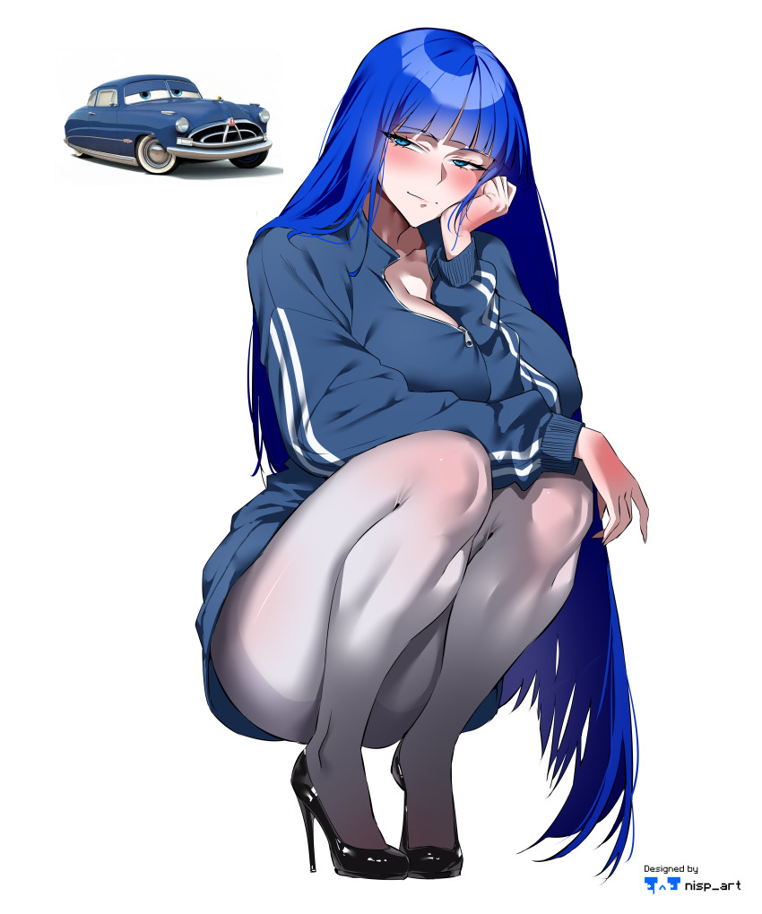 1boy, 1girl, absurdres, animification, blue_eyes, blue_hair, blush, car, cars_(movie), doc_hudson, high_heels, highres, jersey, long_hair, looking_at_viewer, motor_vehicle, nisp_art, pantyhose, personification, simple_background, squatting, white_background, white_pantyhose