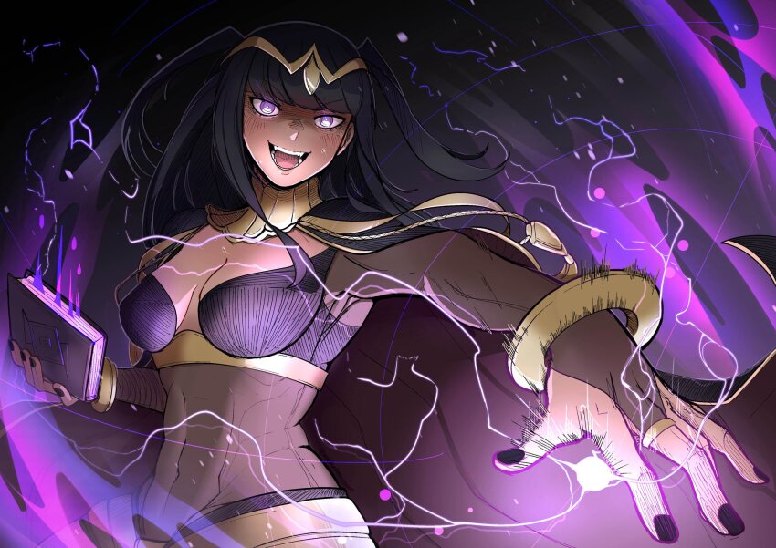 1girl, ailheim, black_background, black_hair, black_nails, book, breasts, casting_spell