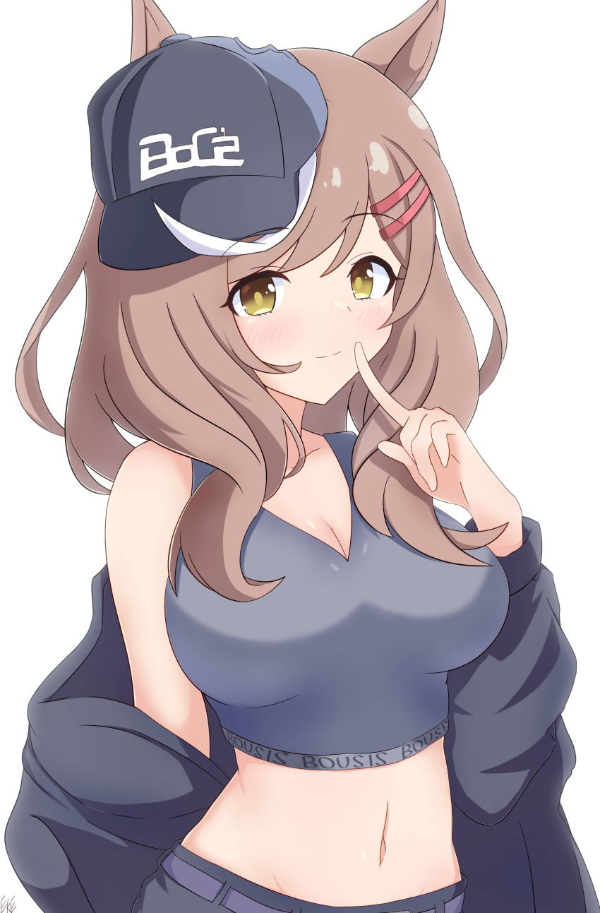 1girl, absurdres, animal_ears, bare_shoulders, baseball_cap, black_hat, black_jacket, black_sports_bra