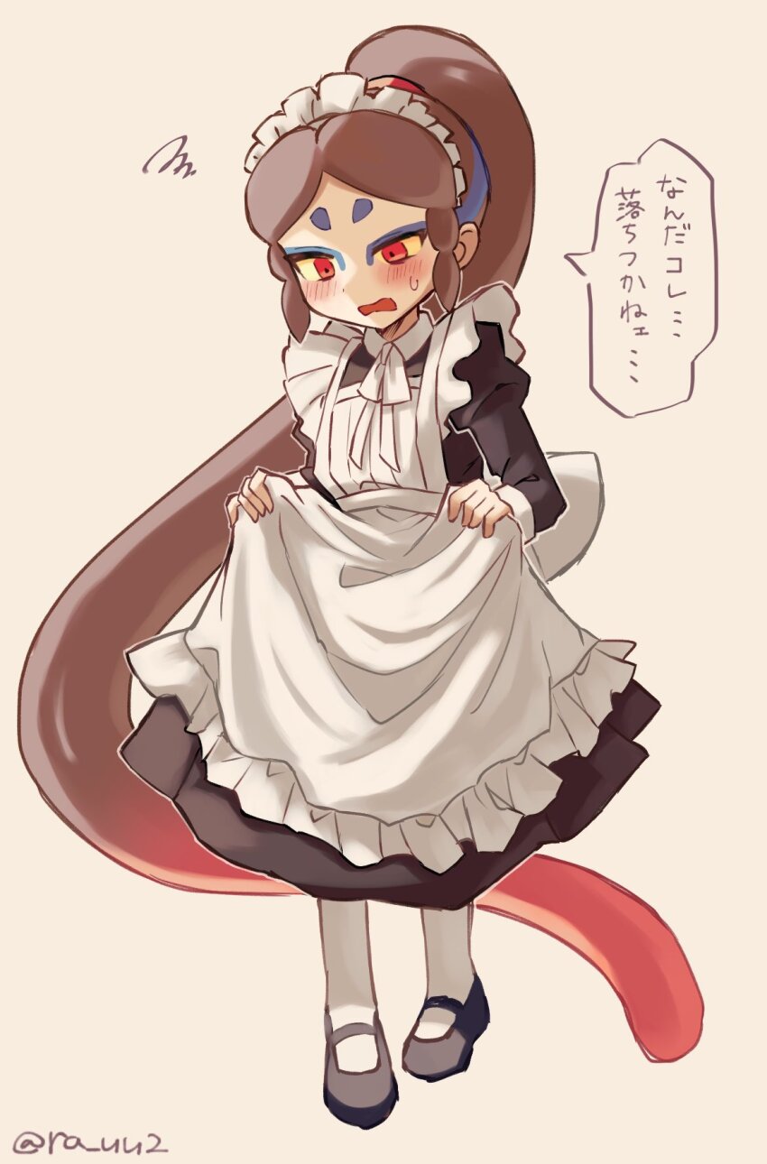 1boy, alternate_costume, apron, artist_name, black_dress, black_shoes, blue_eyeshadow, brown_hair